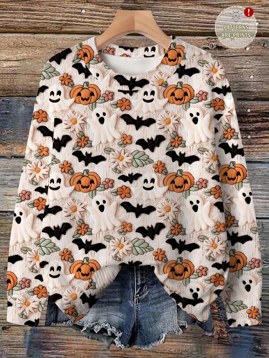 EMERY ROSE Maglione oversize casual e minimalista con grafica di zucca, fantasma e pipistrello per l'autunno/inverno - Multicolore - Visualizzare 1