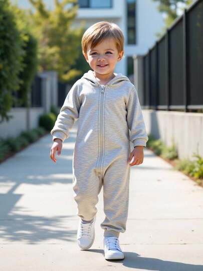 Young Boy Grey Brushed Thick Soft Knit Hooded Jumpsuit With Zipper, Versatile For Casual Wear & Outdoor, Autumn/Winter Fall