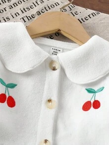 SHEIN 女婴可爱毛绒樱桃夹克和樱桃印花牛仔裤两件套，秋冬 - 白色 - 查看 8