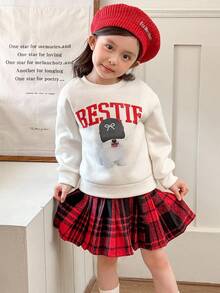 Genkimix Kids 2 件套幼儿女孩秋冬装，宽松圆领浅桃色长袖运动衫，带有可爱的小狗印花，红色格子百褶裙，休闲运动时尚套装 - 彩色 - 查看 3