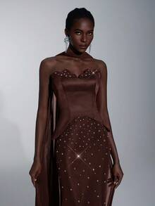 Elitara Gaun Malam Formal Wanita Elegan, Mewah, dan Sangat Berhias Rhinestone, Buatan Tangan, dengan Kerah Bunga dan Cangkang Logam, Model Ekor Duyung - Coffee Brown - View 2
