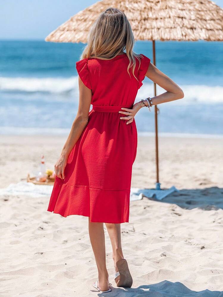 Solid Ruffle Trim Belted Wrap Dress