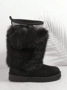 SHUZIA Women's Comfortable, Essential Faux Suede Fuzzy Slip On Ankle Boots For Christmas - Black - View 4