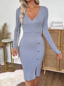 EMERY ROSE Women's Elegant Solid Color V-Neck Button Decor Bodycon Sweater Dress, Autumn/Winter - Grey - View 1