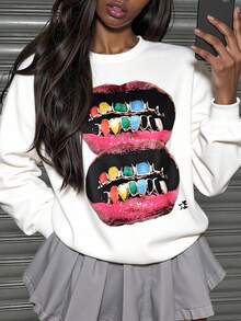 SHEIN 女士秋冬宽松唇印圆领大码运动衫 - 白色 - 查看 1