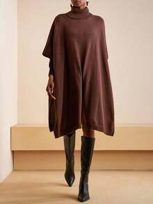 Zivah 2025 Winter New Style, Christmas, New Year, Birthday, Party, Banquet, Preppy Style, Student Wear, Everyday Outing, Basic Versatile, Casual, Cruise Travel, Influencer Style, Street Style, Elegant, Commuter, Business Casual, Exaggerated Turtleneck With Fold-Down Cape Style, High Front Slit, Dark Brown, Autumn/Winter Sweater Pullover, Winter Sweater Jacket, Christmas Sweater Jacket, New Year Sweater Jacket, Women's Sweater Jacket