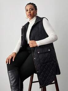 SHEIN Tall CURVE Große Größen Geometrisch gesteppter Stehkragen Reißverschluss-Vier-Knopf Patchentasche Wattierte Jacke für Herbst und Winter für Frauen - marineblau - Übersicht 4