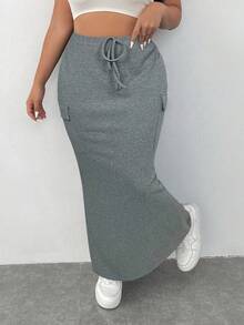 SHEIN EZwear Váy Cargo màu xám thắt nút thường ngày cho nữ cỡ lớn - Xám - Xem 4