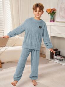 SHEIN 2 件套青少年男孩简约字母刺绣圆领长袖上衣和柔软羊毛睡裤套装，舒适家居睡衣，秋冬