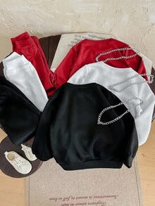 SHEIN 6 件套年轻男童休闲圆领运动衫和印花运动裤套装，高性价比，包含 1 条金属项链配饰，适合户外玩耍、街头摄影、派对、返校、生日、迎婴派对、节日派对、秋冬，羊毛，加厚 - 紅色 - 查看 5
