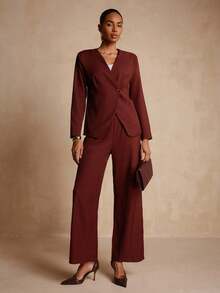 Lyxana Women's Casual Solid Color Single-Button Top & Pants 2 Pieces Set - Brown - View 4