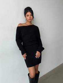 Aloruh Women's Casual Y2K Fashion Black Ribbed Asymmetric Collar Long Sleeve Loose Bodycon Mini Sweater Dress, Autumn/Winter