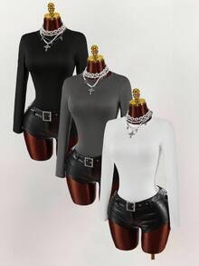Amplova Set de 3 camisetas de manga larga de cuello redondo, de unicolor, de ajuste ceñido y casual, adecuadas para primavera, otoño e invierno - Multicolor - Ver 14