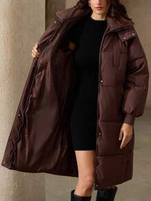 Aveloria Rosie Women's Mid-Length Padded Coat, Stand Collar Hooded, Loose Fit, Warm, Casual, Versatile, Korean Style, Winter