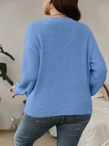 Calvaya Suéter informal de talla grande de unicolor con cuello en V y hombros caídos, otoño/invierno - Celeste - Ver 2