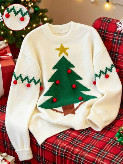 Franclia Jersey holgado de cuello redondo de manga larga tejido con decoración de árbol de Navidad 3D jacquard, beige, mujer, otoño/invierno