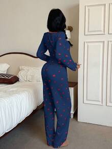 SHEIN 草莓印花长袖上衣和裤子睡衣套装，秋冬服装 - 藍色 - 查看 2