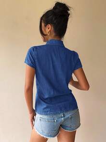 Siren Gaze Women's Casual Fitted Short Sleeve Denim Blouse, Blue Summer - Dark Wash - View 2