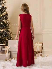 Elegant Burgundy Spaghetti Strap Long Formal Dress For Tween Girls Suitable For Evening Party, Wedding, Prom, Birthday, Graduation, Christmas, Halloween, And Other Occasions Fall Winter - Burgundy - View 2