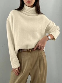 DAZY 女士纯色高领罗纹针织毛衣，适合冬季、秋季女装 - 杏色 - 查看 4