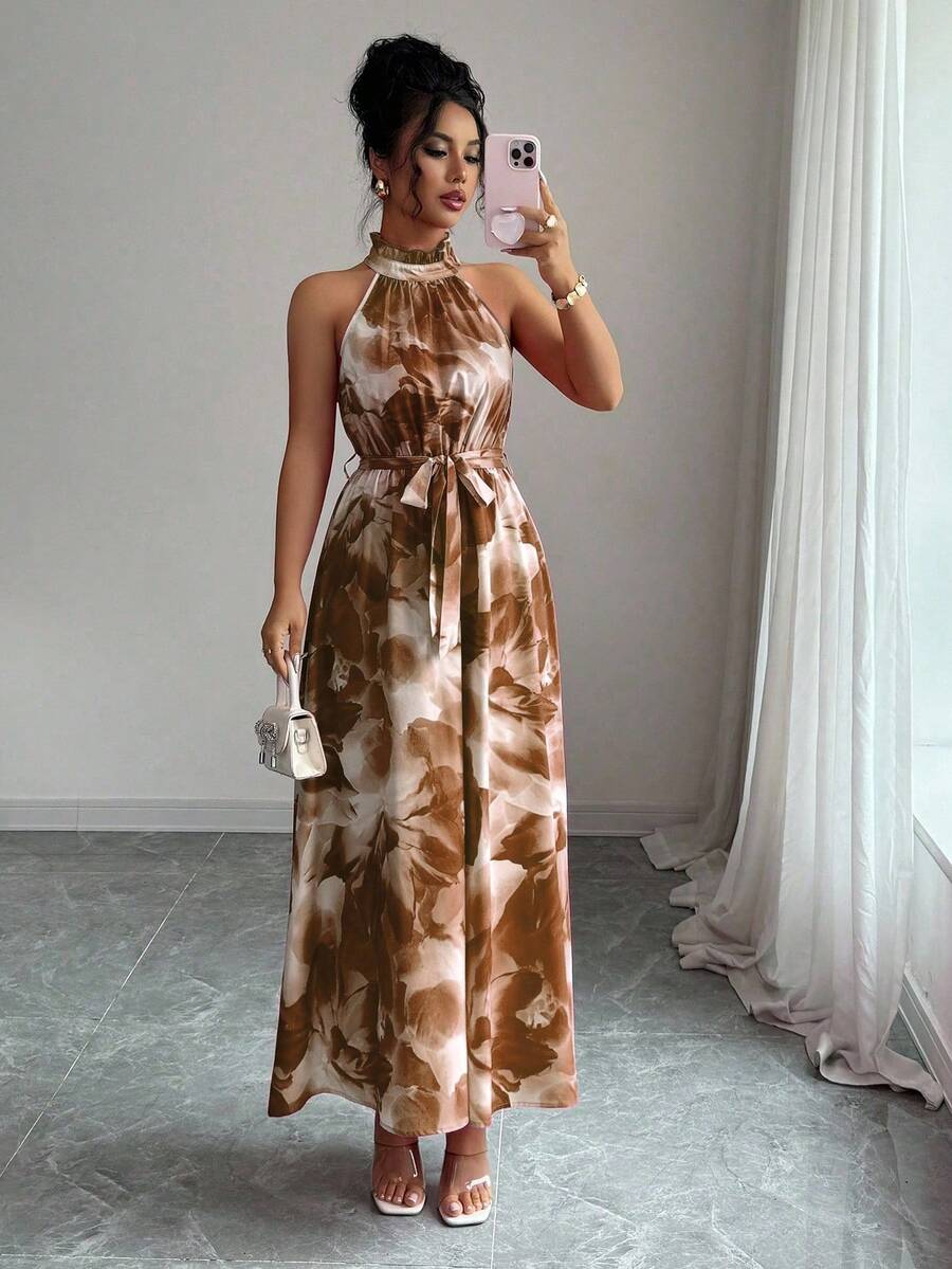 Elenzga Váy họa tiết hoa thanh lịch, phù hợp cho việc đi làm và đi nghỉ dưỡng trên đảo - màu nâu - Xem 1