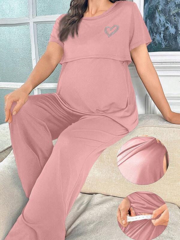 Moonlight & Mama Solid Color Milk Silk Heart Print Maternity Pajama Set