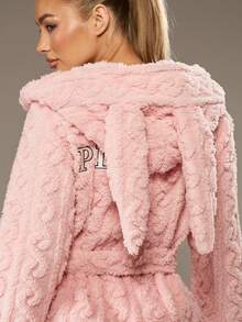 Missguided x Playboy Christmas Plush Hooded Cable Knit Fleece Bathrobe With Bunny Logo - Pink - View 7