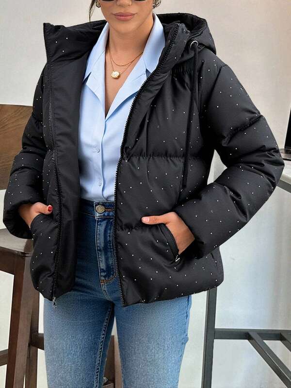 EURMUSE Rhinestone Detalied Padded Winter Coat, Sophisticated Silver Dot Details, Modern Full-Zip Front Closure, Professional Hooded Design, Luxury Cropped Length, Weather-Resistant Material, Festive Holiday Style, Practical Winter Essential, Enhanced Quilted Pattern, Youth Fashion Statement, Waterproof Fabric Black Puffer Jacket Women Puffer Jacket With Hood