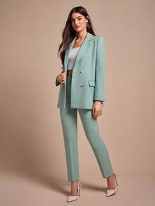 CLARA VERO Women Solid Color Suit Sets Blazer Jacket And Pants Rhinestone And Button Front Detailed - Mint Green - View 4