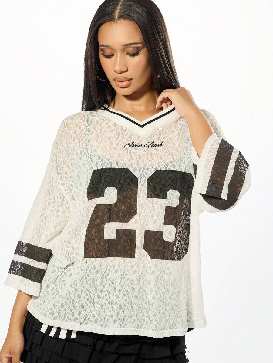 SUMWON WOMEN Boxy Fit Oversized Lace Varsity Jersey Number 23 Statement Top - White - View 1