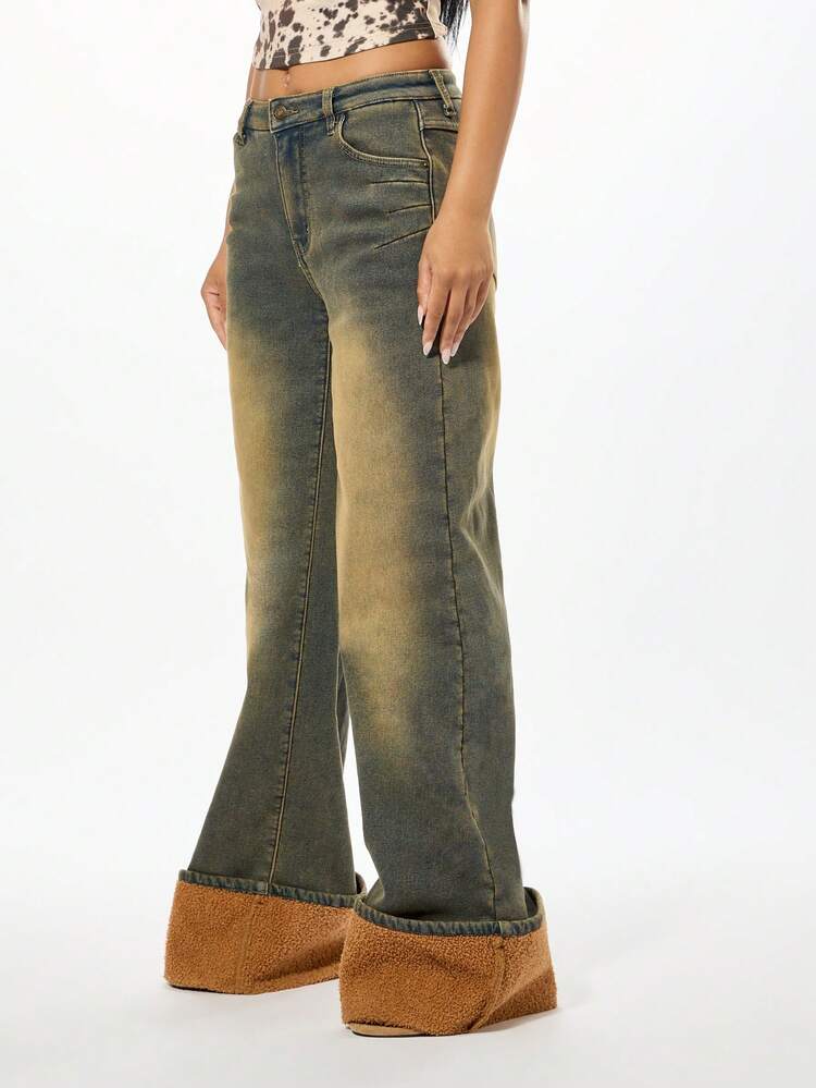 SUMWON WOMEN フリース裏地シェルパカフス付き ワイドレッグデニムジーンズ レディース ハイウエスト リラックスフィット ビンテージウォッシュ