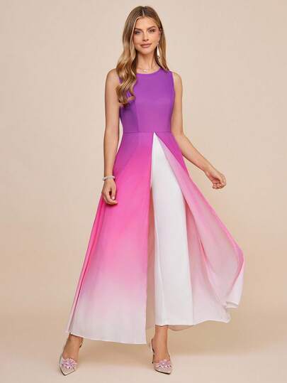 Amorya Mono largo para mujer elegante con estampado degradado multicolor y abertura en la falda