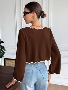 Serisse Women's V-Neck Contrast Trim Casual Pullover Sweater In Fall/Winter,Brown Sweater,Brown Top - Brown - View 2