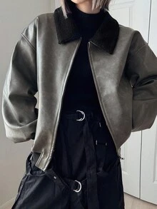 FRIFUL 女士时尚休闲PU仿羊羔绒领拼接夹克皮夹克 - 灰色 - 查看 3