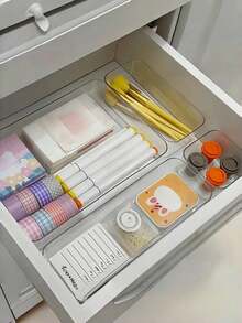 Conjunto de bandejas organizadoras de gavetas, plástico transparente, armazenamento para maquiagem, cuidados com a pele, cosméticos, material de escritório, acessórios de mesa, banheiro, utensílios de cozinha, 6 peças, 7 peças, 8 peças, caixa divisória empilhável de vários tamanhos para organização de gavetas, solução de armazenamento doméstico - Claro - Ver 9