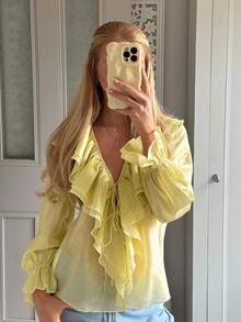 CovetEZ Women's Autumn And Winter Goose Yellow Solid Color Ruffled V-Neck Long-Sleeved Romantic Yellow Shirt Yellow Top Ruffled Top With Straps Romantic Long-Sleeved Ruffled Casual Fashion Shirt