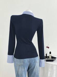 Elamini 女士休闲合身针织条纹衬衫 - 藏蓝色 - 查看 2