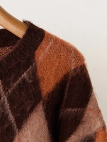 Franclia 提花复古菱形图案撞色宽松针织大码套头衫女秋季毛衣女棕色毛衣棕色毛衣女菱形毛衣棕色菱形毛衣 - 棕色 - 查看 5