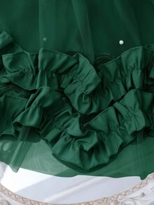 Elegant Fashion Ruffle Trim Pearl Decor Mesh Girls Dress - Dark Green - View 5