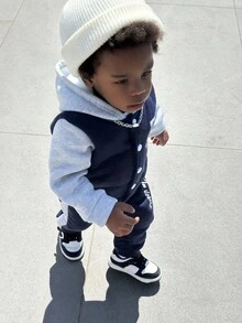SHEIN 2pcs/Set Baby Boys Navy Blue Autumn Casual Page Boy Back-To-School Outfit,Letter "A" Print Button Sweatshirt Jacket & Colorblock Pants Tracksuit Set - Royal Blue - View 13