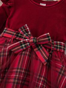 Babygirl 可爱优雅天鹅绒撞色网眼格子长袖连衣裙 - 紅色 - 查看 7