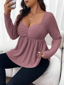 SHEIN Frenchy Áo thun tay dài vải trơn cổ tim cỡ lớn mùa thu - Gỗ đỏ - Xem 2