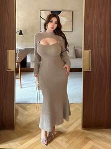 Flirla 秋冬优雅立领修身镂空针织连衣裙 - 杏色 - 查看 6