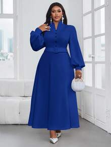 SHEIN Lady 春夏秋冬优雅休闲通勤复古办公室黑色针织立领鱼尾喇叭袖中长款长袖大码连衣裙正装职业装 - 寶藍色 - 查看 4