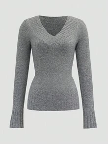 Attitoon 女士休闲复古V领修身灰色毛衣，适合秋冬季 - 灰色 - 查看 2