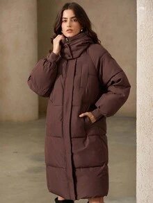 Aveloria Rosie Women's Mid-Length Padded Coat, Stand Collar Hooded, Loose Fit, Warm, Casual, Versatile, Korean Style, Winter