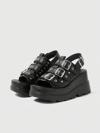 Grunge Punk Scarpe da donna alla moda con design della fibbia in metallo, punta aperta, suola spessa, tacco basso 7,5 cm, sandali in stile retrò in pelle PU nera, adatti per uscite estive, appuntamenti e altro