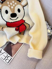 Franclia Christmas Casual Loose Fit Crew Neck Long Sleeve Jacquard Reindeer Pattern Knit Pullover Sweater For Women, Autumn/Winter - Beige - View 6