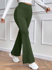 Almamuse Women's Casual Everyday Versatile Skinny Thermal-Lined High Waist Flare Pants, Elastic Waist, Black, Winter - Army Green - View 5