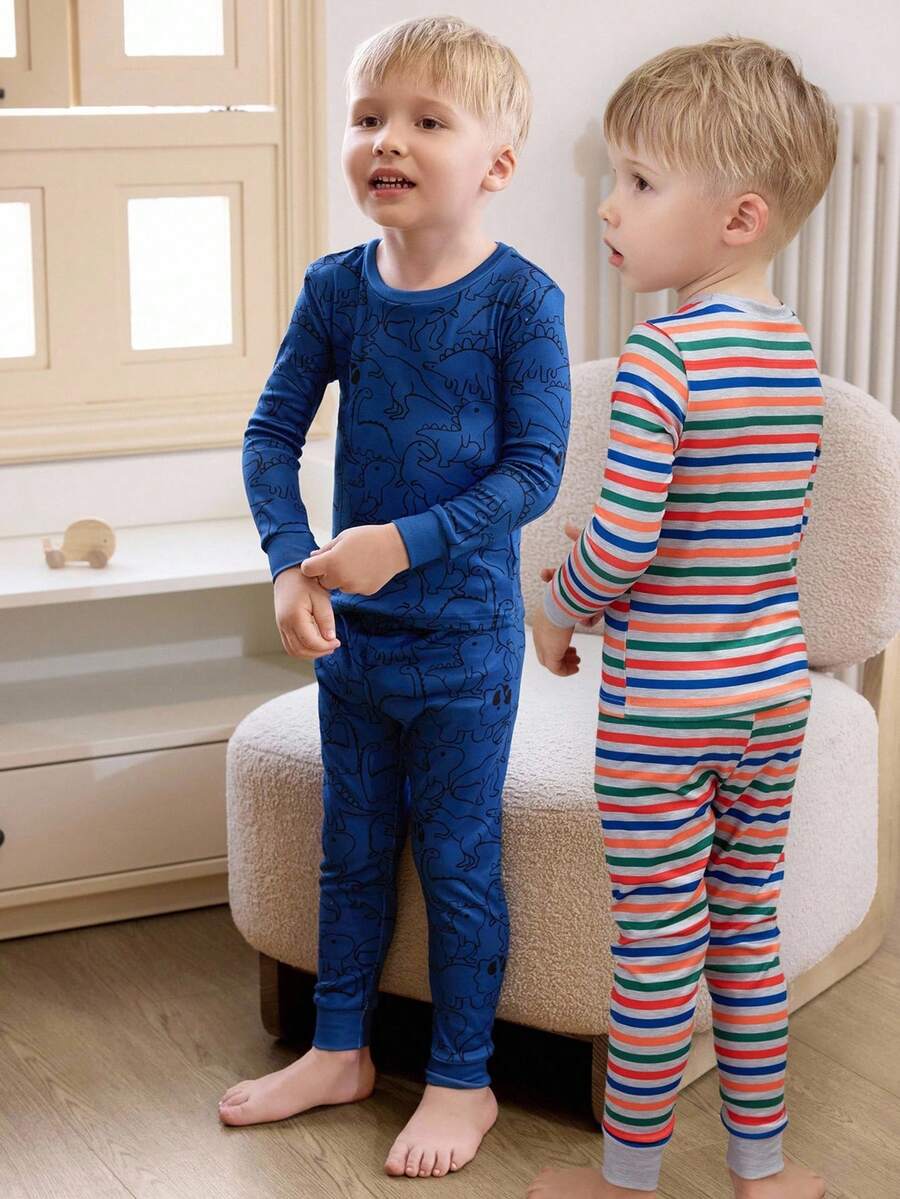 4pcs/Set Toddler Boy Pajamas,Colorful Striped & Cartoon Dinosaur Print Long Sleeve Top With Leggings,Snug Fit Comfortable Kids Lounge Set For Fall - Multicolor - View 1